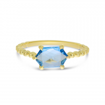 14K Yellow Gold Hexagon Blue Topaz Beaded Ring