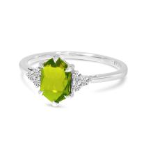 14K White Gold Hexagon Peridot and Diamond Ring