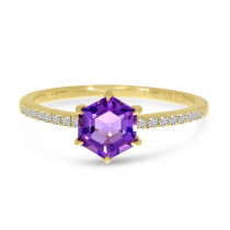 14K Yellow Gold Amethyst Semi Hexagon Diamond Band Ring