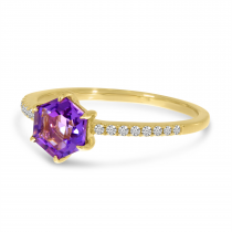 14K Yellow Gold Amethyst Semi Hexagon Diamond Band Ring