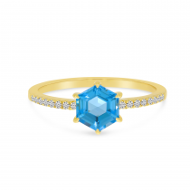 14K Yellow Gold Blue Topaz Semi Hexagon Diamond Band Ring