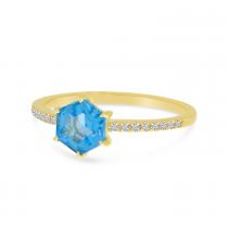 14K Yellow Gold Blue Topaz Semi Hexagon Diamond Band Ring