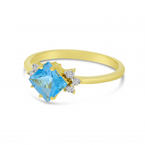 14K Yellow Gold Blue Topaz Princess Cut & Diamond Ring