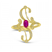 14K Yellow Gold Diamond & Oval Ruby Swirl Filigree Ring