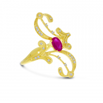 14K Yellow Gold Diamond & Oval Ruby Swirl Filigree Ring