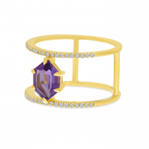 14K Yellow Gold Hexagon Amethyst and Diamond Double Band Semi Precious Ring