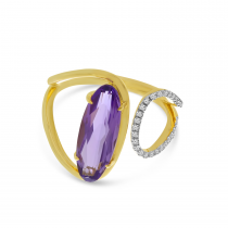 14K Yellow Gold Long Oval Amethyst and Diamond Swirl Semi Precious Ring