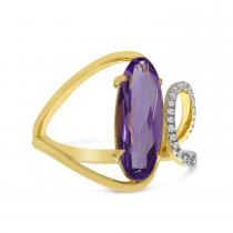 14K Yellow Gold Long Oval Amethyst and Diamond Swirl Semi Precious Ring