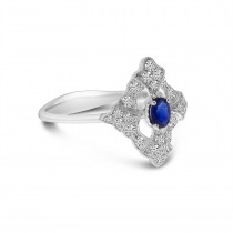 14K White Gold Oval Sapphire and Diamond Art Deco Ring