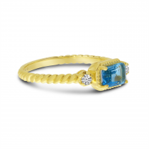 14K Yellow Gold Emerald Cut Blue topaz and Diamond Twist Band Ring