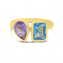 14K Yellow Gold Emerald Cut Blue Topaz and Pear Amethyst Semi Precious Duo Ring