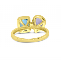 14K Yellow Gold Emerald Cut Blue Topaz and Pear Amethyst Semi Precious Duo Ring