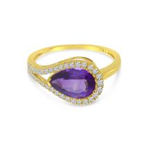 14K Yellow Gold Amethyst East to West Pear Cut Diamond Halo Amethyst Ring