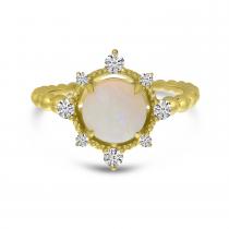 14K Yellow Gold Round Opal and Diamond Beaded Band Ring