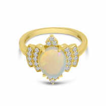14K Yellow Gold Oval Opal Ring with Diamond Halo