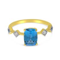 14K Yellow Gold Cushion Blue Topaz and Diamond Ring
