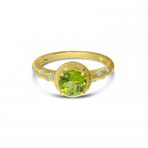 14K Yellow Gold Round Peridot and Diamond Satin Band Ring