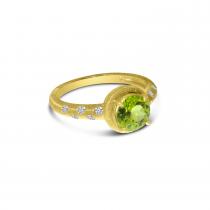 14K Yellow Gold Round Peridot and Diamond Satin Band Ring