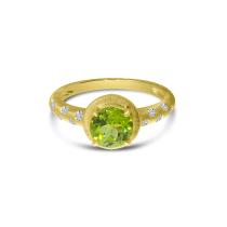 14K Yellow Gold Round Peridot and Diamond Satin Band Ring