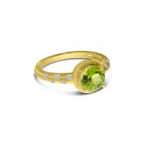 14K Yellow Gold Round Peridot and Diamond Satin Band Ring