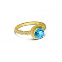 14K Yellow Gold Round Blue Topaz and Diamond Satin Band Ring