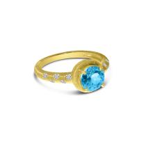 14K Yellow Gold Round Blue Topaz and Diamond Satin Band  Ring