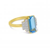 14K Yellow Gold Elongated Octagon Blue Topaz and Diamond Ring