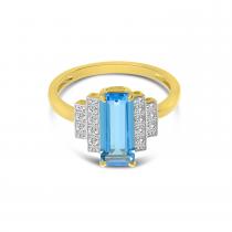 14K Yellow Gold Elongated Octagon Blue Topaz and Diamond Ring