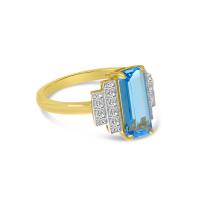14K Yellow Gold Elongated Octagon Blue Topaz and Diamond Ring