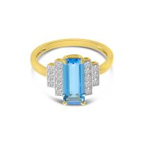 14K Yellow Gold Elongated Octagon Blue Topaz and Diamond Ring
