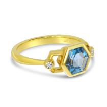 14K Yellow Gold Hexagon Blue Topaz and Diamond Geometric Ring