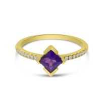 14K Yellow Gold Princess Cut Amethyst and Diamond Band Ring