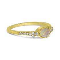14k Yellow Gold Oval Opal and Diamond Milgrain Ring
