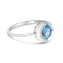 14k White Gold Round Blue Topaz with Half Diamond Halo Semi Precious Ring