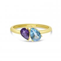 14K Yellow Gold Double Pear Amethyst and Blue Topaz Duo Ring