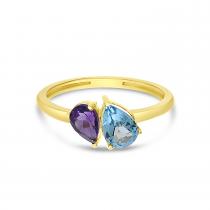 14K Yellow Gold Double Pear Amethyst and Blue Topaz Duo Ring