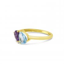 14K Yellow Gold Double Pear Amethyst and Blue Topaz Duo Ring