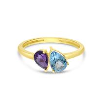 14K Yellow Gold Double Pear Amethyst and Blue Topaz Duo Ring