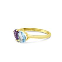 14K Yellow Gold Double Pear Amethyst and Blue Topaz Duo Ring