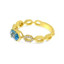 14K Yellow Gold Hexagon Blue Topaz and Diamond Chain Ring