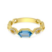 14K Yellow Gold Hexagon Blue Topaz and Diamond Chain Ring