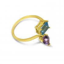 14K Yellow Gold Pear Amethyst and Octagon Blue Topaz Duo Semi Precious Ring