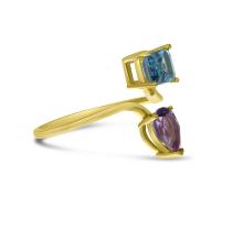 14K Yellow Gold Pear Amethyst and Octagon Blue Topaz Duo Semi Precious Ring