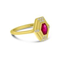 14K Yellow Gold Oval Ruby Precious Hexagon Art Deco Ring