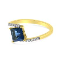 14K Yellow Gold Princess Blue Topaz and Diamond Ring