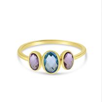 14K Yellow Gold Triple Oval Amethyst and Blue Topaz Bezel Set Ring