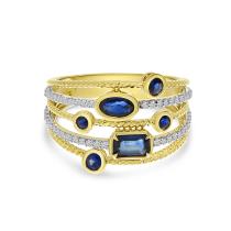 14K Yellow Gold Sapphire and Diamond 5 Band Precious Ring