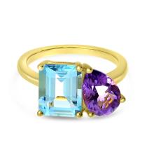 14K Yellow Gold  Emerald Cut Blue Topaz and Pear Pink Amethyst Duo Ring