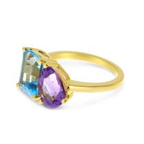 14K Yellow Gold  Emerald Cut Blue Topaz and Pear Pink Amethyst Duo Ring