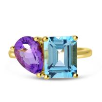 14K Yellow Gold  Emerald Cut Blue Topaz and Pear Pink Amethyst Duo Ring